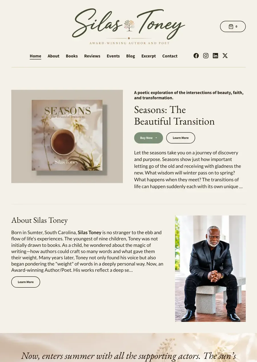 Silas Toney's author website, built with Tertulia