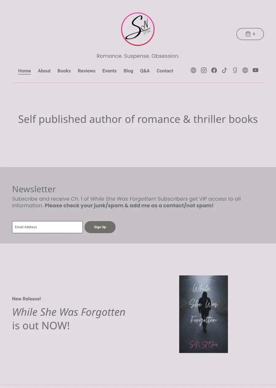 S.N. St Clair's author website, built with Tertulia