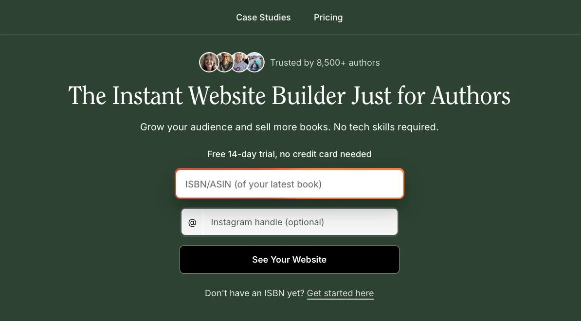 Tertulia ISBN entry screen showing instant website builder