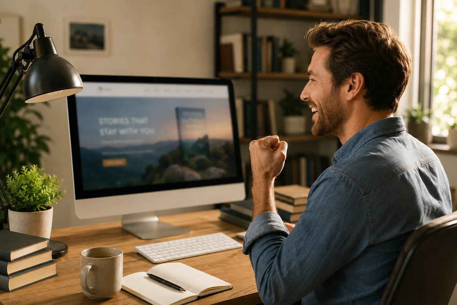Man celebrating book launch at computer