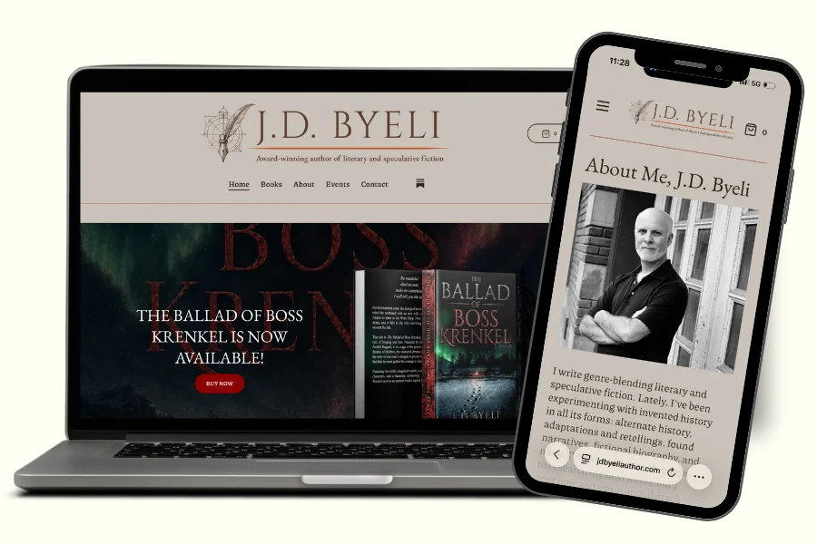 Author website displayed on desktop and mobile phone