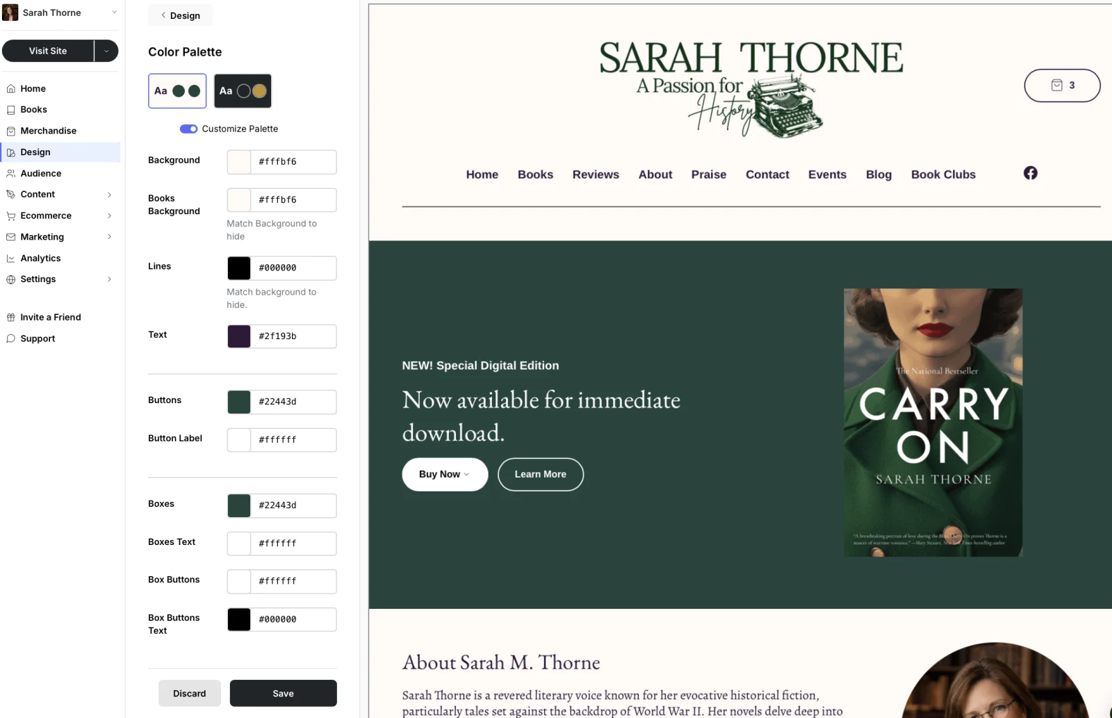 Tertulia site editor showing color palette and live website preview