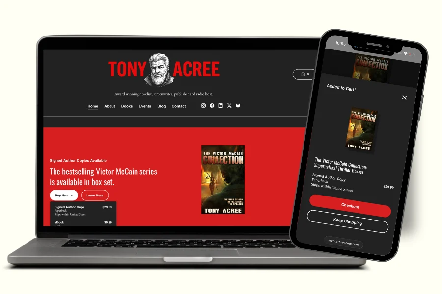 Author Tony Acree's website selling a signed box set directly, shown on a laptop and a phone at checkout