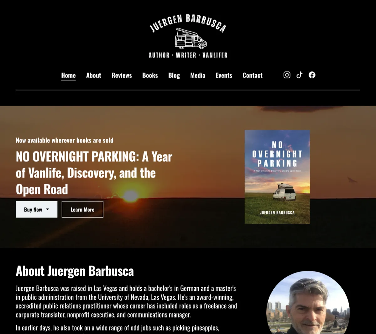 Example author homepage: Juergen Barbusca's website featuring his book, bio, and clear navigation