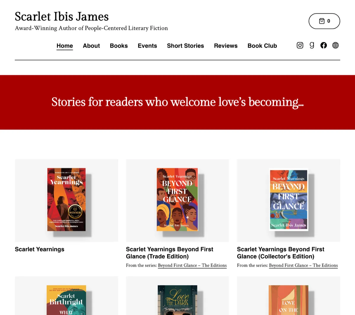 Example author website: Scarlet Ibis James, award-winning literary fiction author