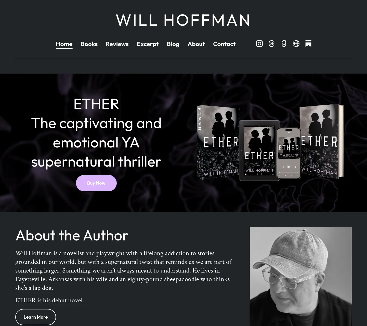 Example author website: Will Hoffman's site with books, reviews, blog, and full navigation